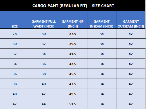 Size Chart for Men's Cargo Pants, Standard Size Chart for Customer or Can Do Customized Size Chart