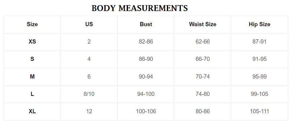 Size chart for Body measurement for formal dress to understand the customer