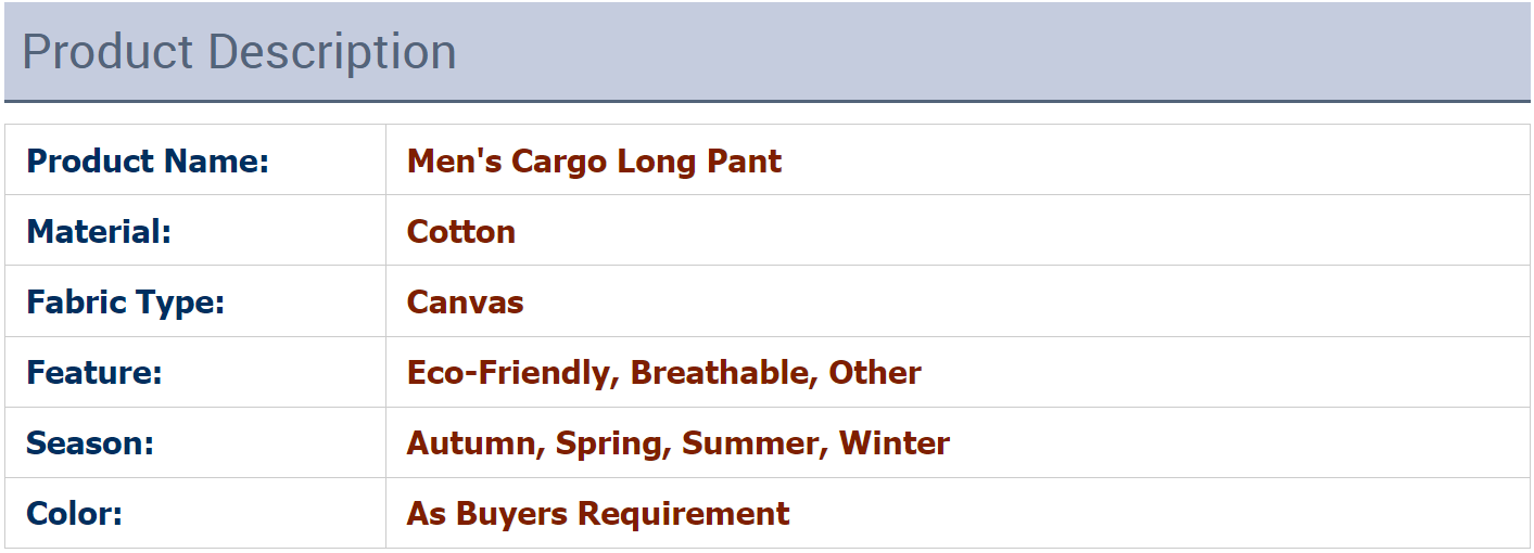 Description of cargo pants for customer to understand the detail of Pants