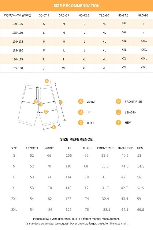 Wholesale Cargo Shorts size chart for customer references 