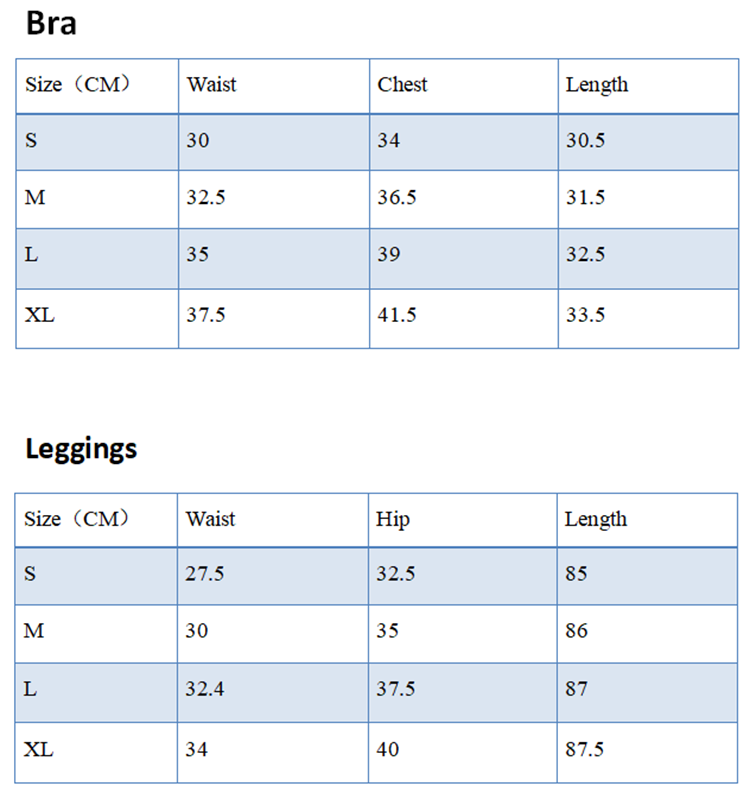 size chart for yoga wear cloths to understand customer mostly. 