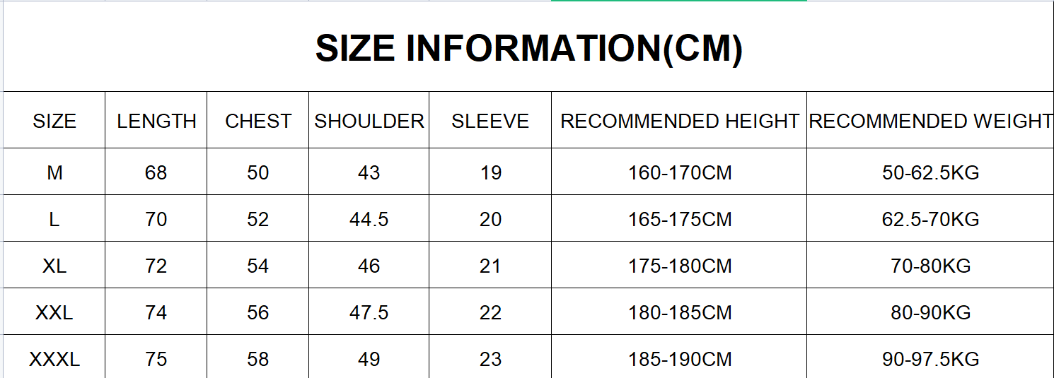 t shirt size chart for customer to understand our standard size for t shirt manufacturer line.