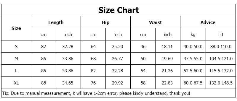 Size Chart for ladies shorts