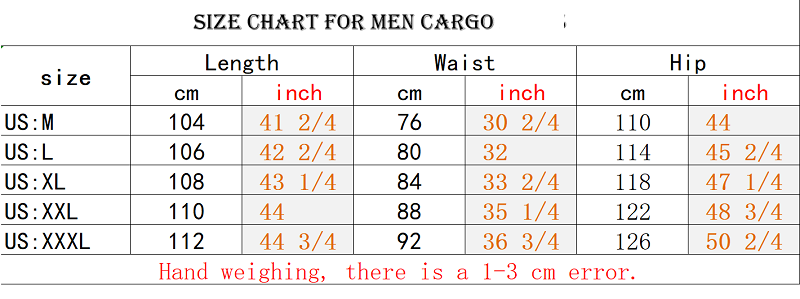mens cargo pants size chart for us markets. 