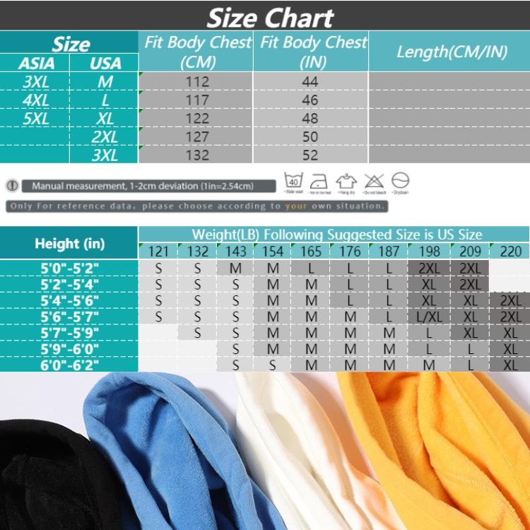 Size Chart for custom printing sweatshirts