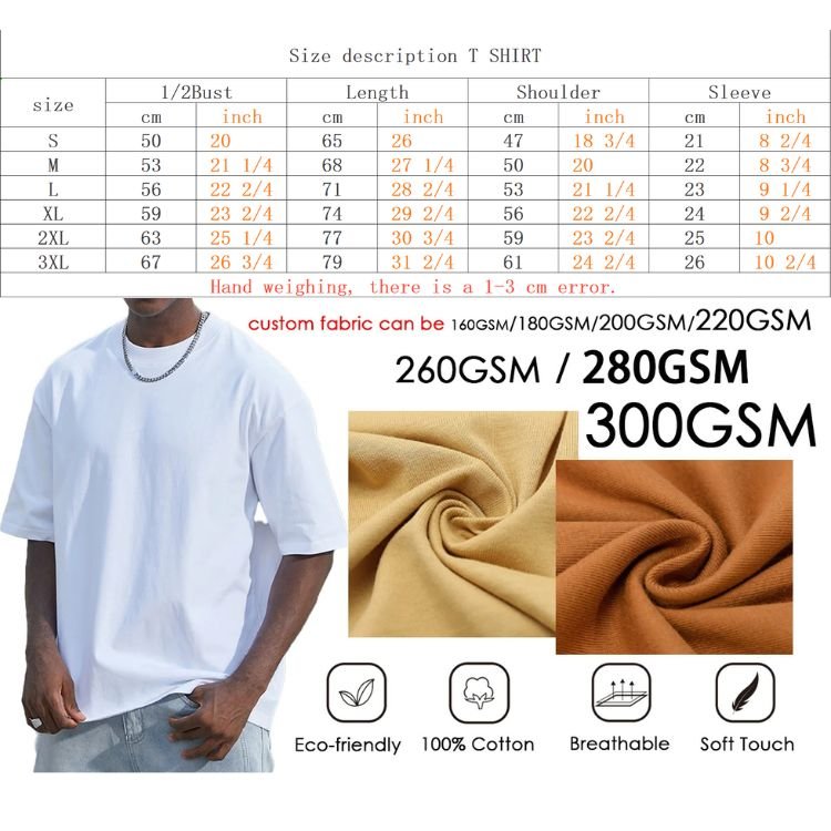 Size Chart and Fabric Custom Detail for custom printed tshirts