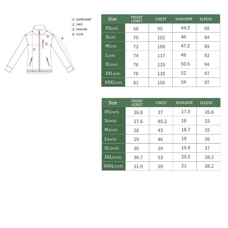 Size chart for waterproof jackets for women
