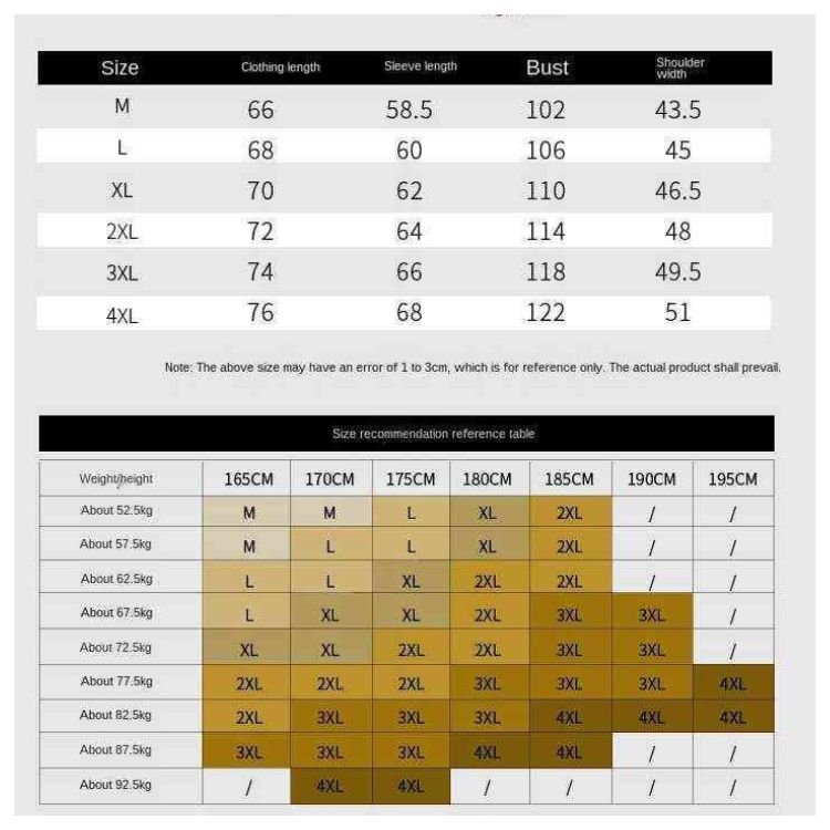 Size Chart for our puffy jacket for men