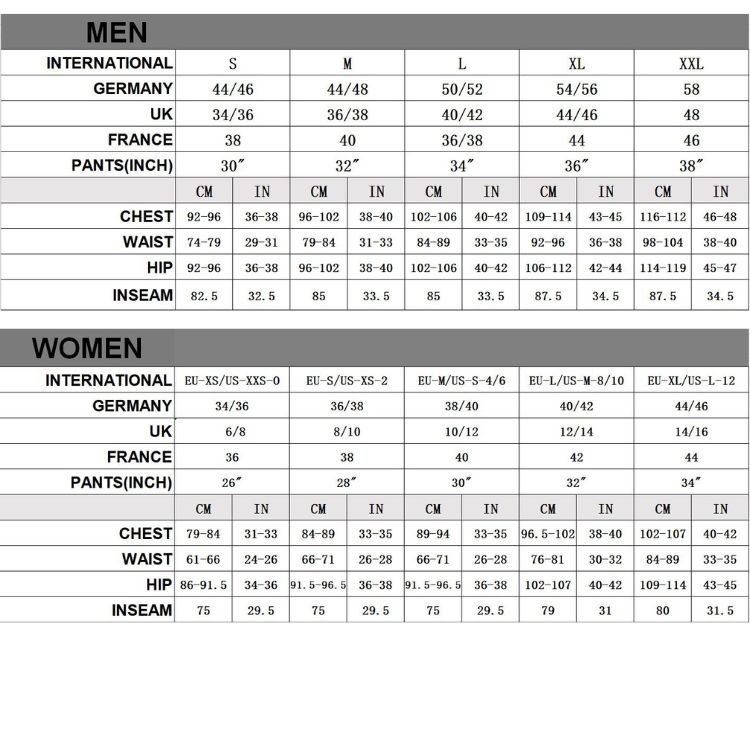 Size Chart for mens tracksuit