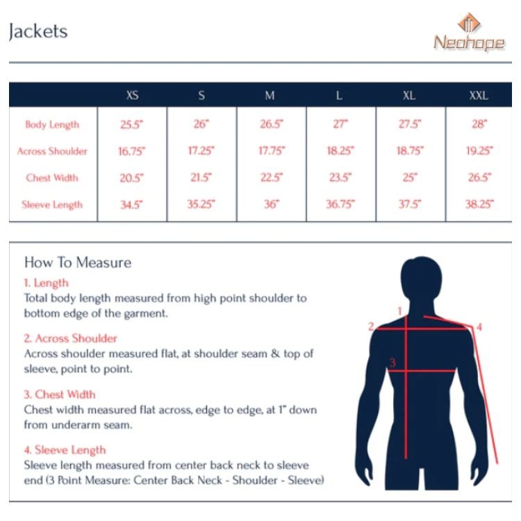 Size Chart based on USA Standard for winter jackets for men