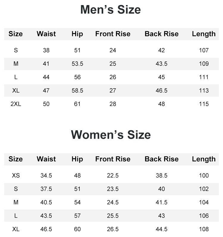 Size Chart for Waterproof Workwear Trousers