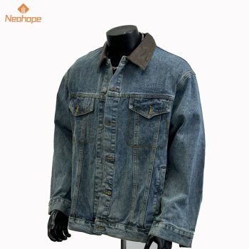 American Style PU Leather Collar Vintage Distressed Denim Washed Blue Denim Jacket Casual Jacket