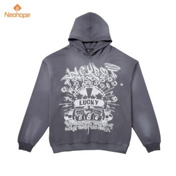 Wholesale Custom Grey Acid Wash Distressed Print Hoodie